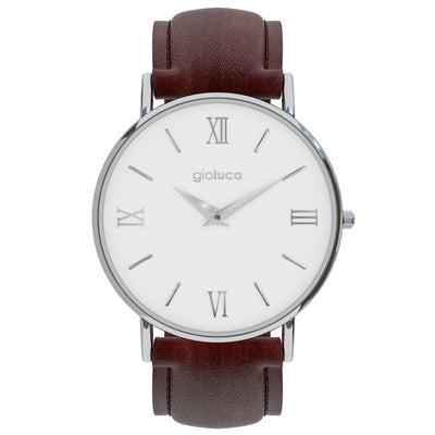 silver white face brown leather strap